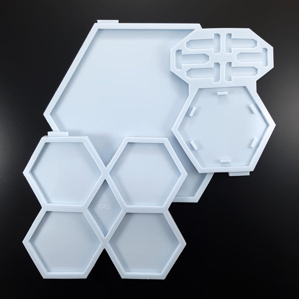 Set van 3 Hexagon mallen - onderzetters met houder en tray (maat L)