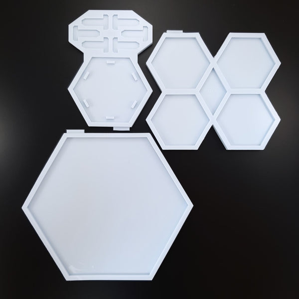 Set van 3 Hexagon mallen - onderzetters met houder en tray (maat L)