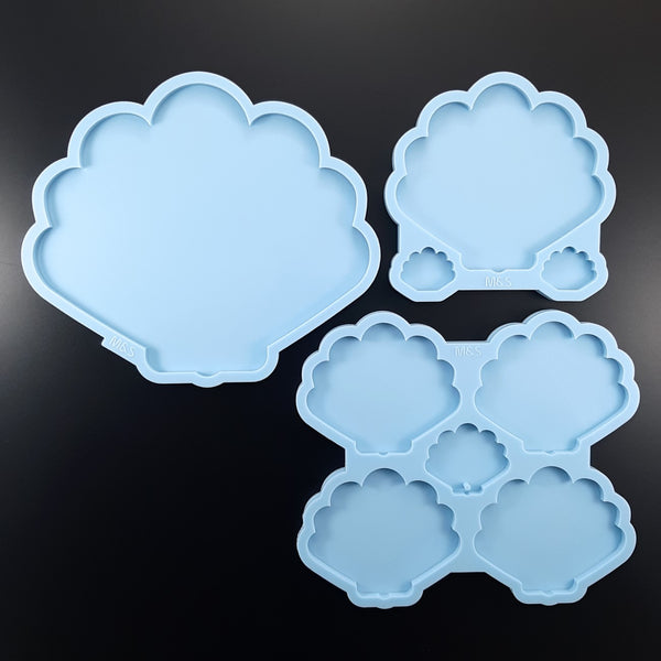 Set of 3 molds - Scallop coasters with holder and large tray